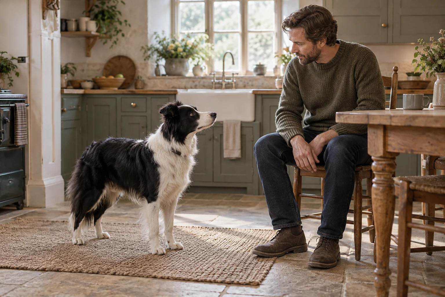 A border collie looking toward its owner in a quiet cottage kitchen