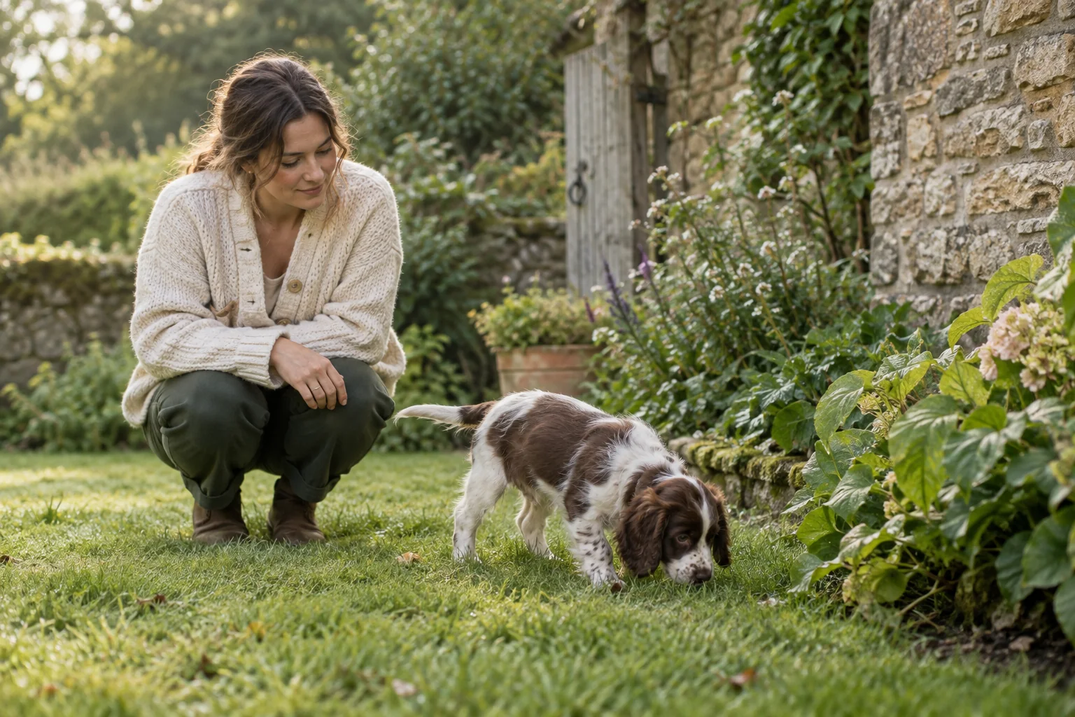 A puppy exploring a grassy garden beside its owner