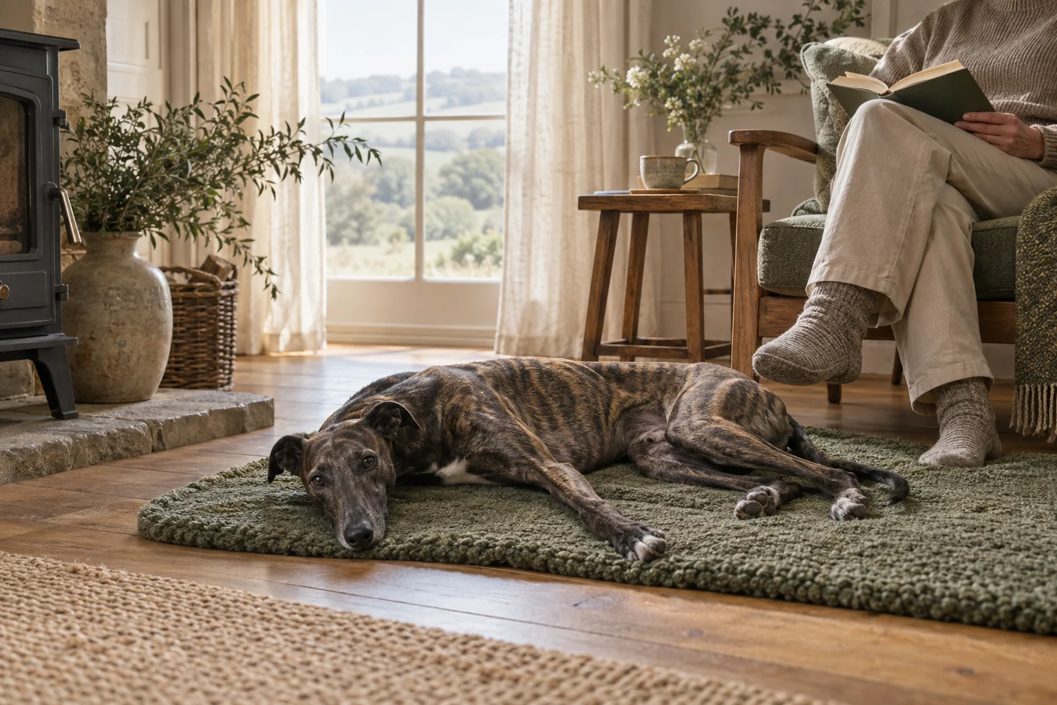 A dog resting comfortably on a mat in a quiet room
