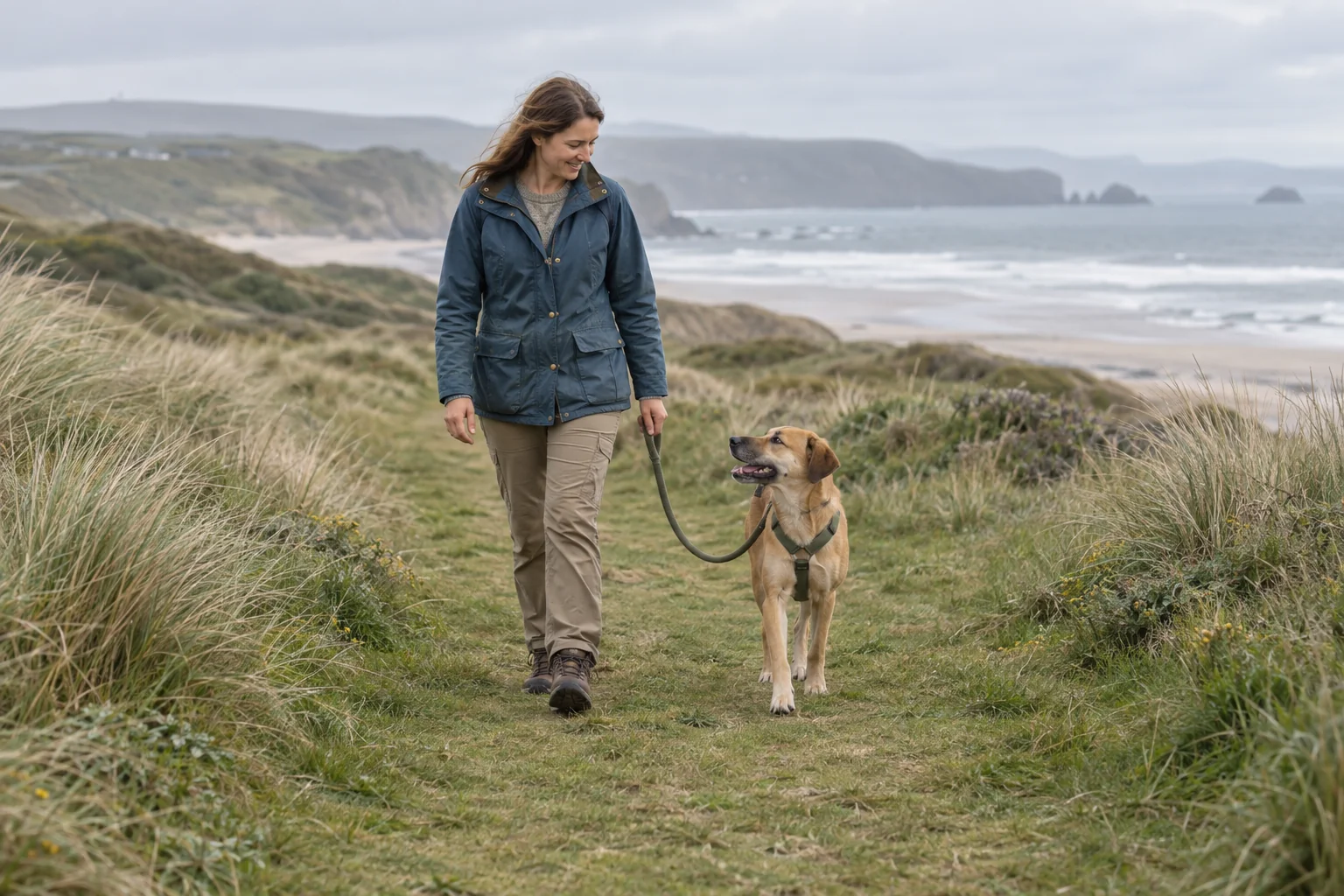 A dog and handler walking together outdoors on a relaxed leash
