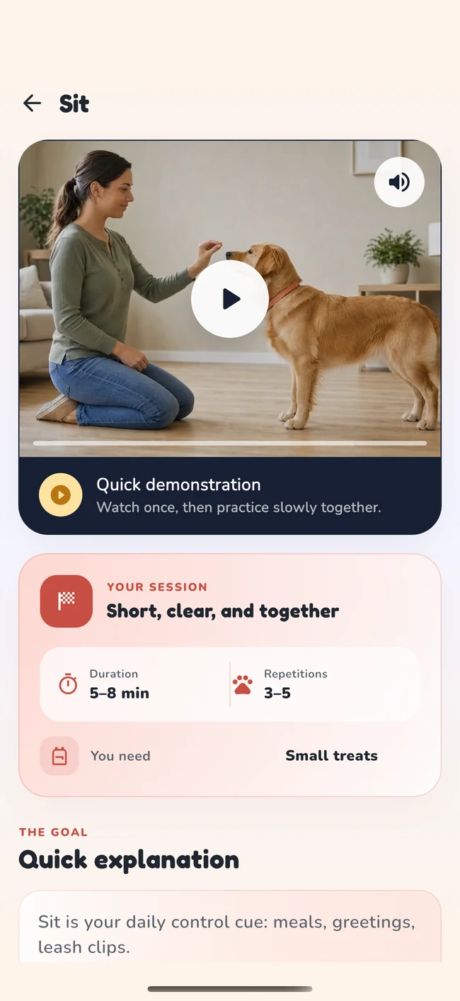 DogPath lesson screen with practical exercise instructions