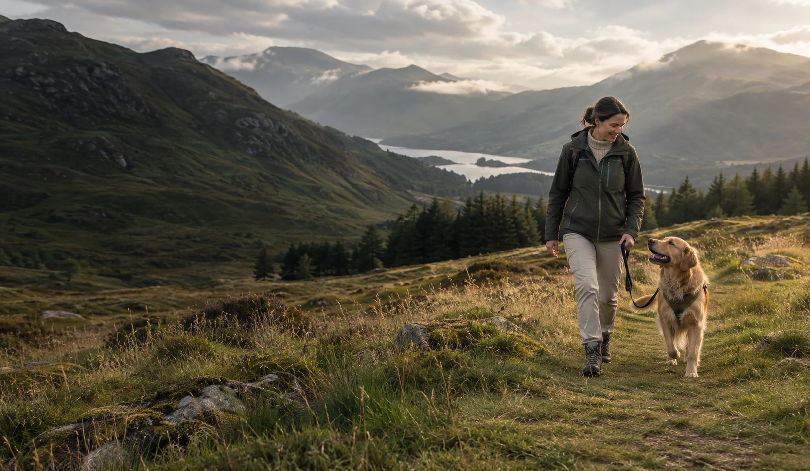 A woman and her golden retriever walking together on a grassy trail in the misty Highlands