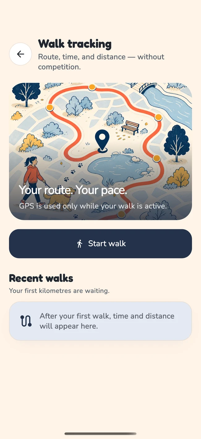 DogPath walk tracker showing an activity route and walking information
